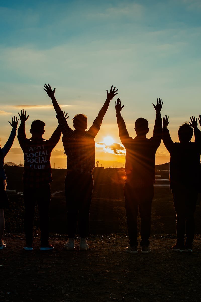 A diverse group of friends raises their arms in celebration against a vibrant sunset backdrop.